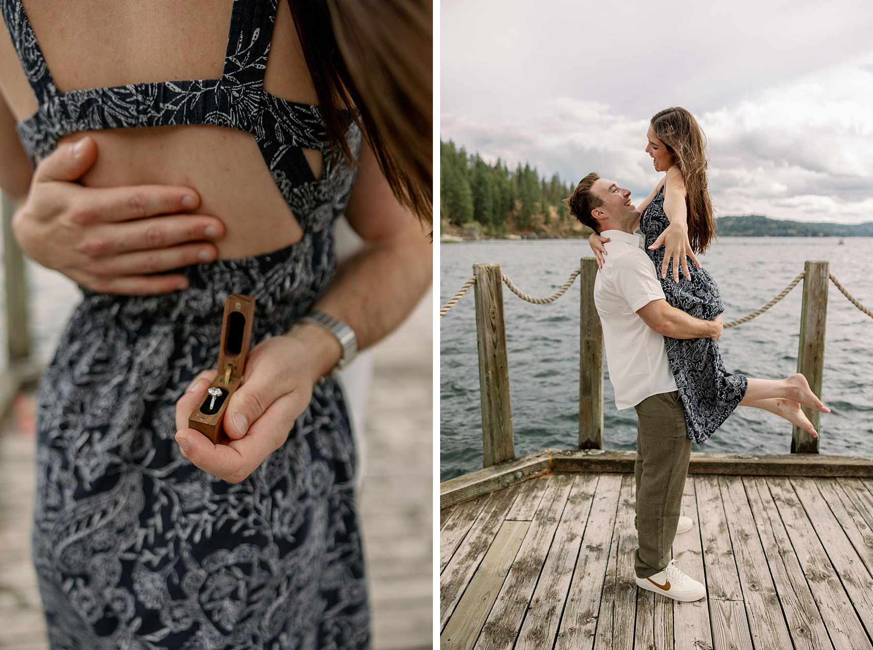 A man holds a wooden ring box behind his fiancee's back while hugging next to him lifting her on a dock after his proposal in Coeur d’Alene