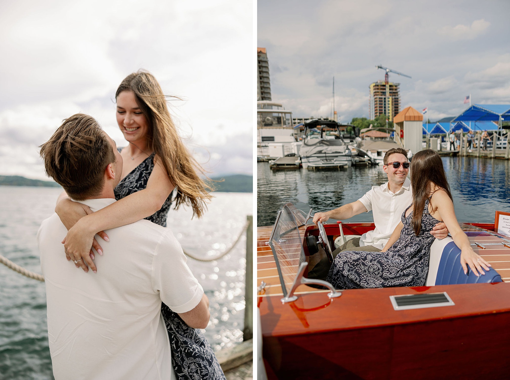 A happy engaged couple smile at each other while cuddling in a wooden boat next to a big embrace on a dock during their proposal in Coeur d’Alene